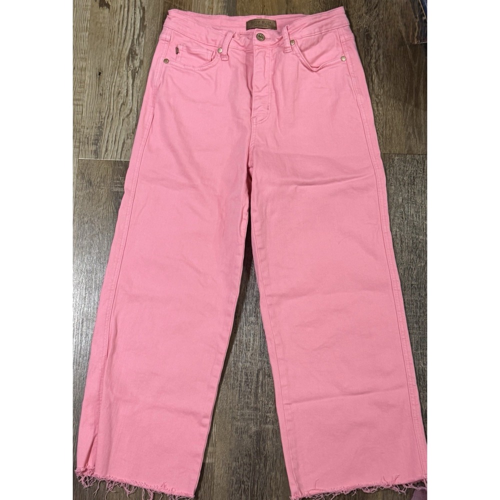 Judy Blue Pink Wide Leg Cropped Jeans High Rise Raw Hem Size 9/29
